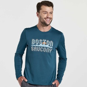 Men's Saucony Stopwatch Graphic Long Sleeve T Shirts Blue | UAE S41326-R78