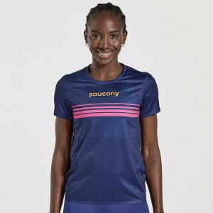 Women's Saucony Elite Short Sleeve T Shirts Navy | UAE S91803-N60