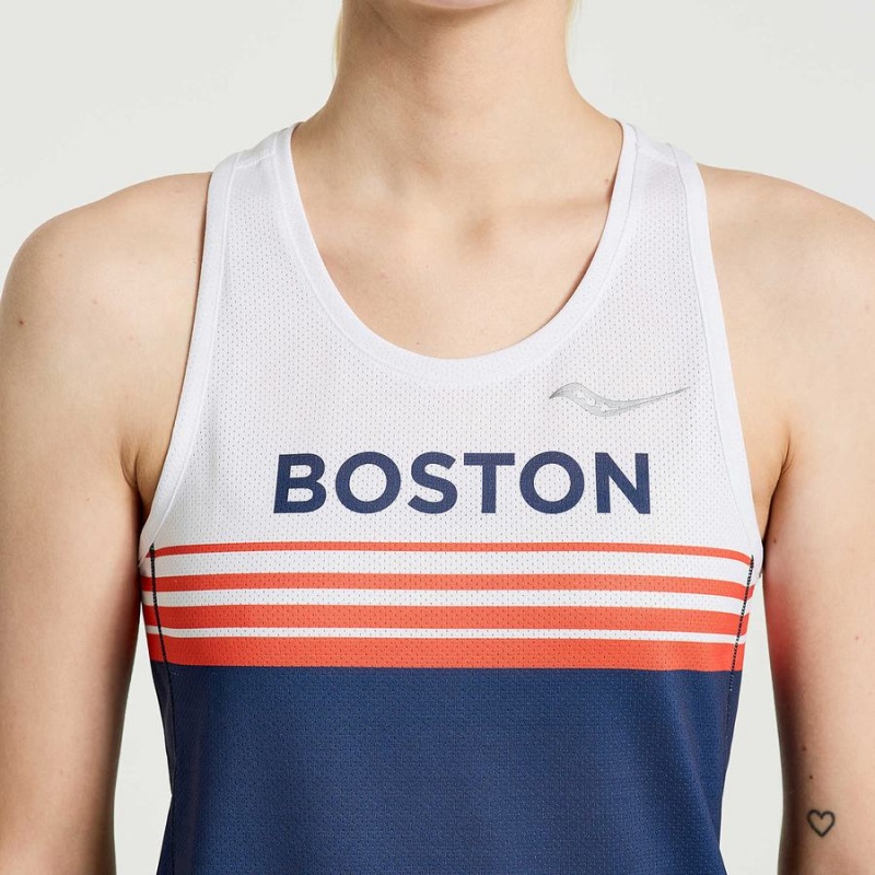 Women's Saucony Boston Stopwatch Singlet Tank Top Blue / White | UAE S59763-N51