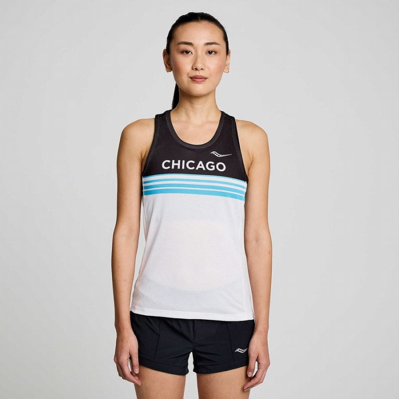 Women\'s Saucony Chicago Stopwatch Singlet Tank Top White / Black | UAE S32971-C96